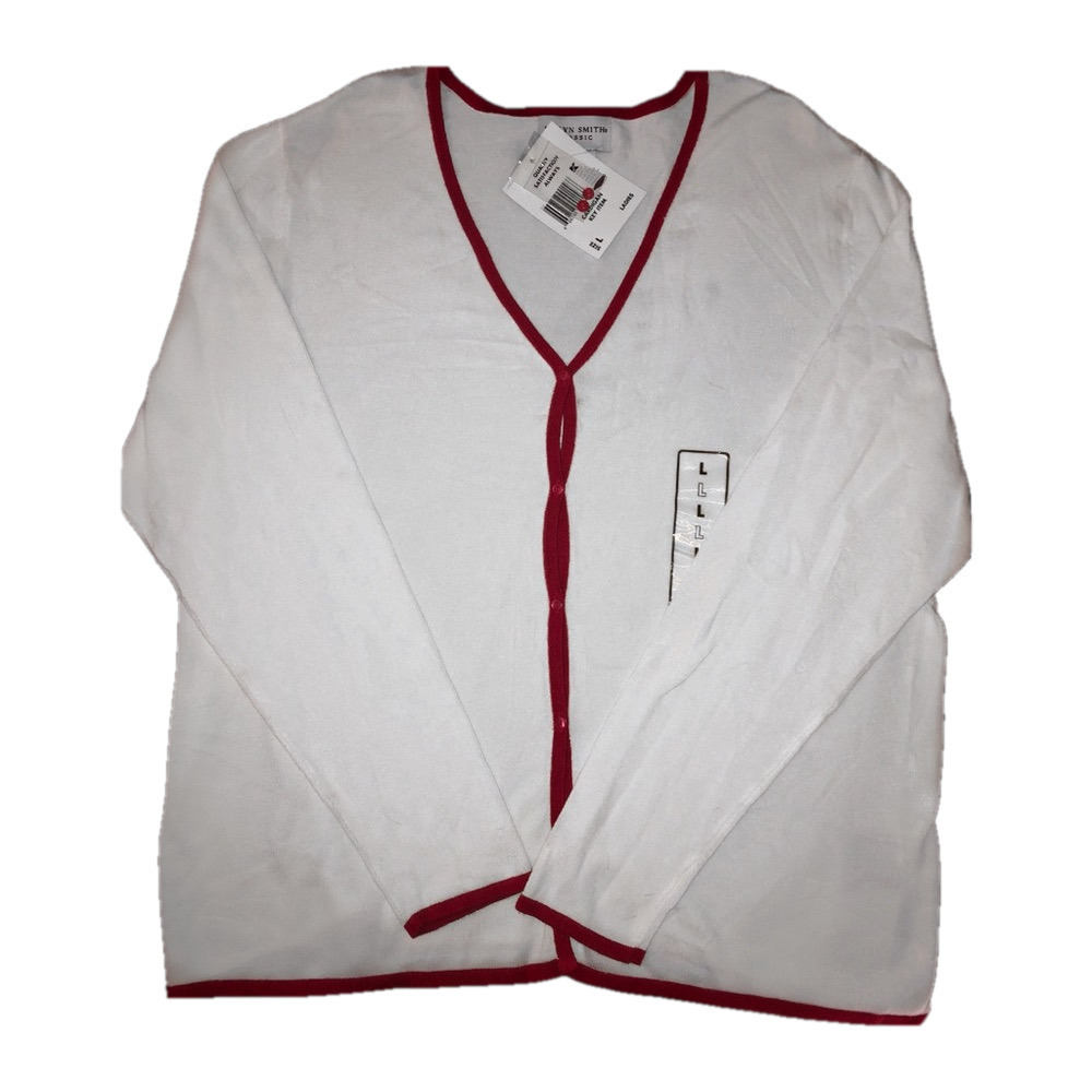 Jaclyn a smith Classic Cardigan White & Red / New with tags /Perfect Condition
